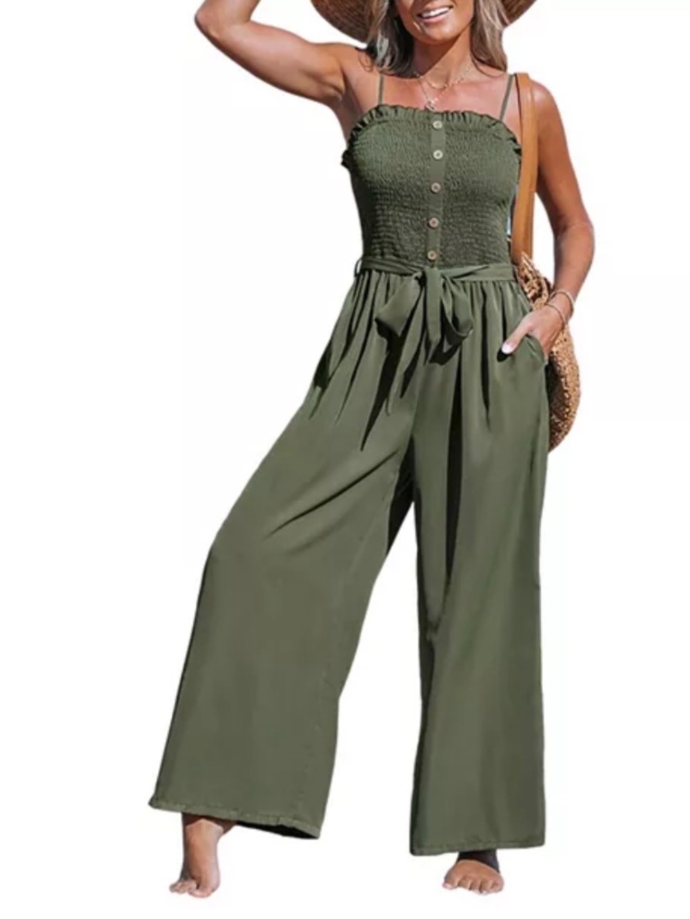 NWT Popvil Women's Olive Square Neck Straight Leg Jumpsuit -